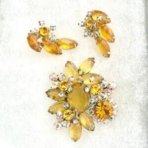 Juliana D & E Yellow Amber & AB Rhinestone Oval Round Marquis Brooch Earring Set
